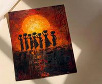 African Women Oil Painting Print, Tribal Sunset Poster, Red Orange Impasto Wall Art, Cultural Silhouette, Heavy Texture Look Art