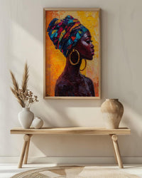 African Woman Oil Painting Poster, Colorful Headwrap Art Print, Gold Earrings Wall Art, Impasto Style Portrait, Vibrant Decor