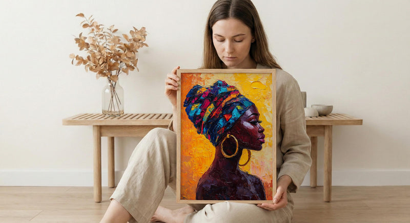African Woman Oil Painting Poster, Colorful Headwrap Art Print, Gold Earrings Wall Art, Impasto Style Portrait, Vibrant Decor