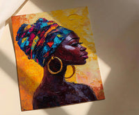 African Woman Oil Painting Poster, Colorful Headwrap Art Print, Gold Earrings Wall Art, Impasto Style Portrait, Vibrant Decor