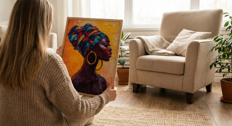African Woman Oil Painting Poster, Colorful Headwrap Art Print, Gold Earrings Wall Art, Impasto Style Portrait, Vibrant Decor