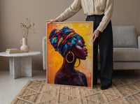 African Woman Oil Painting Poster, Colorful Headwrap Art Print, Gold Earrings Wall Art, Impasto Style Portrait, Vibrant Decor