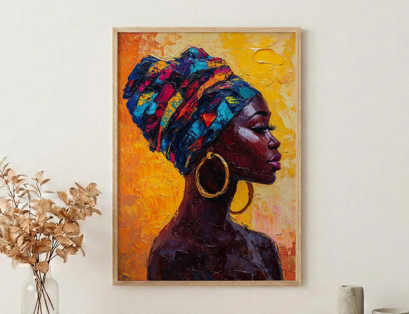 African Woman Oil Painting Poster, Colorful Headwrap Art Print, Gold Earrings Wall Art, Impasto Style Portrait, Vibrant Decor