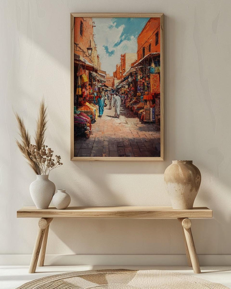 Moroccan Market Oil Painting Poster, Marrakech Medina Art Print, Colorful Souk Bazaar Wall Art, Impasto Travel Decor, Boho Street