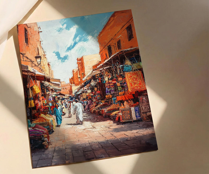 Moroccan Market Oil Painting Poster, Marrakech Medina Art Print, Colorful Souk Bazaar Wall Art, Impasto Travel Decor, Boho Street
