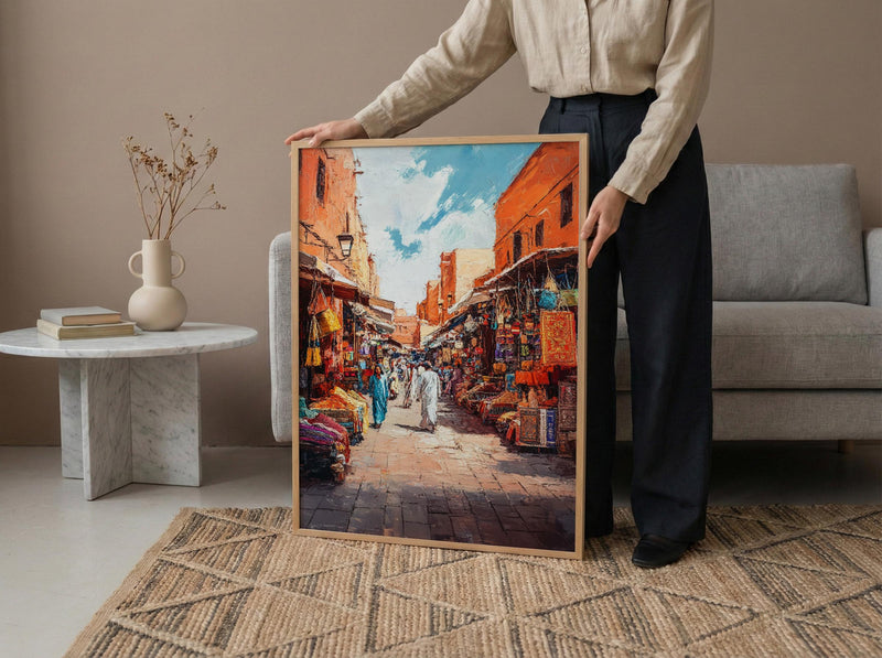Moroccan Market Oil Painting Poster, Marrakech Medina Art Print, Colorful Souk Bazaar Wall Art, Impasto Travel Decor, Boho Street