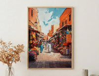 Moroccan Market Oil Painting Poster, Marrakech Medina Art Print, Colorful Souk Bazaar Wall Art, Impasto Travel Decor, Boho Street