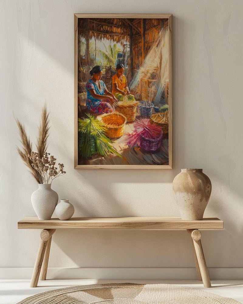 Traditional Village Women Oil Painting Poster, Basket Weaving Art Print, Rustic Hut Wall Art, Tropical Daily Life, Impasto Decor