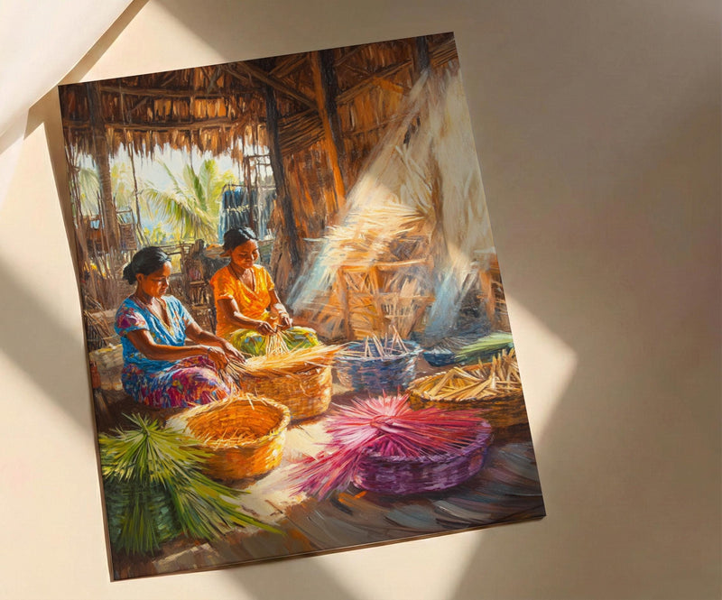 Traditional Village Women Oil Painting Poster, Basket Weaving Art Print, Rustic Hut Wall Art, Tropical Daily Life, Impasto Decor