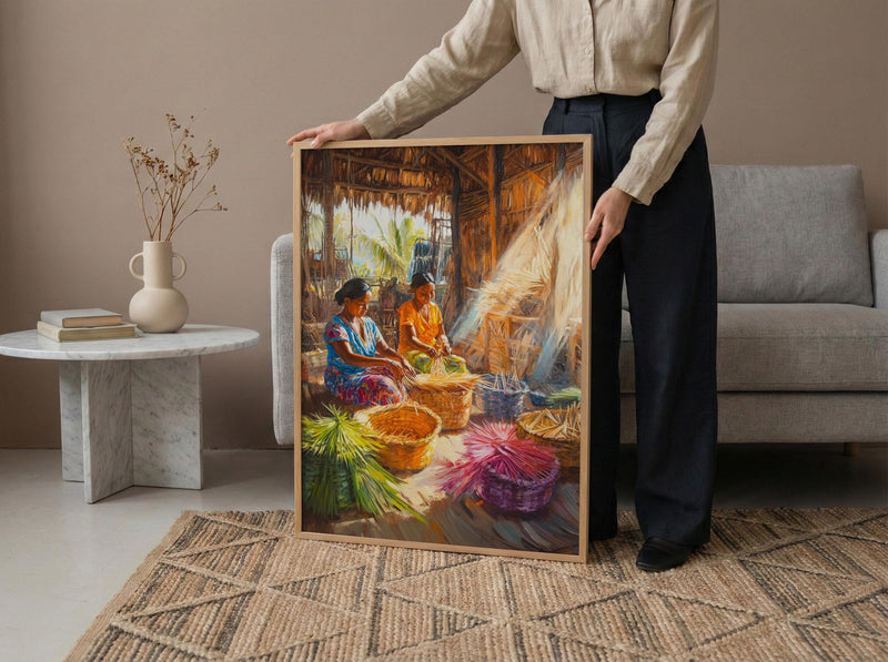 Traditional Village Women Oil Painting Poster, Basket Weaving Art Print, Rustic Hut Wall Art, Tropical Daily Life, Impasto Decor