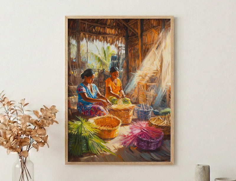 Traditional Village Women Oil Painting Poster, Basket Weaving Art Print, Rustic Hut Wall Art, Tropical Daily Life, Impasto Decor