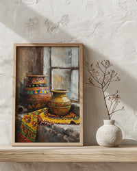 African Pottery Oil Painting Poster, Tribal Vase Art Print, Rustic Still Life Wall Art, Boho Kitchen Decor, Impasto Texture Look