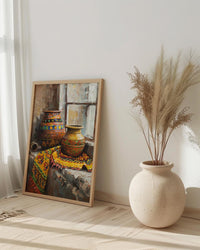 African Pottery Oil Painting Poster, Tribal Vase Art Print, Rustic Still Life Wall Art, Boho Kitchen Decor, Impasto Texture Look