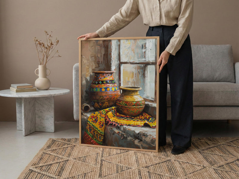 African Pottery Oil Painting Poster, Tribal Vase Art Print, Rustic Still Life Wall Art, Boho Kitchen Decor, Impasto Texture Look