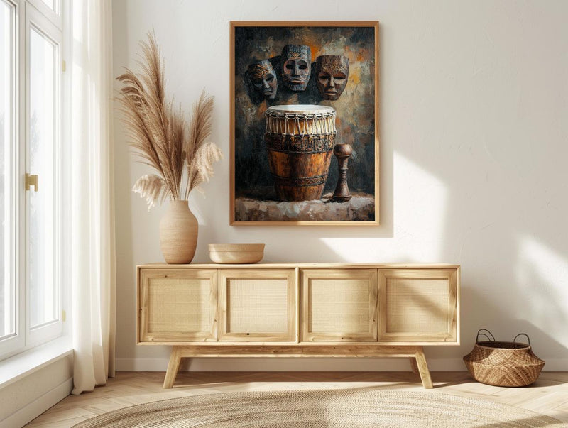 African Tribal Masks Oil Painting Poster, Djembe Drum Art Print, Wooden Music Wall Art, Cultural Heritage Decor, Impasto Texture Look