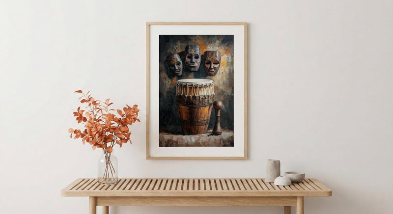African Tribal Masks Oil Painting Poster, Djembe Drum Art Print, Wooden Music Wall Art, Cultural Heritage Decor, Impasto Texture Look