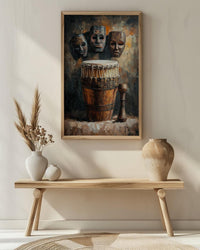 African Tribal Masks Oil Painting Poster, Djembe Drum Art Print, Wooden Music Wall Art, Cultural Heritage Decor, Impasto Texture Look