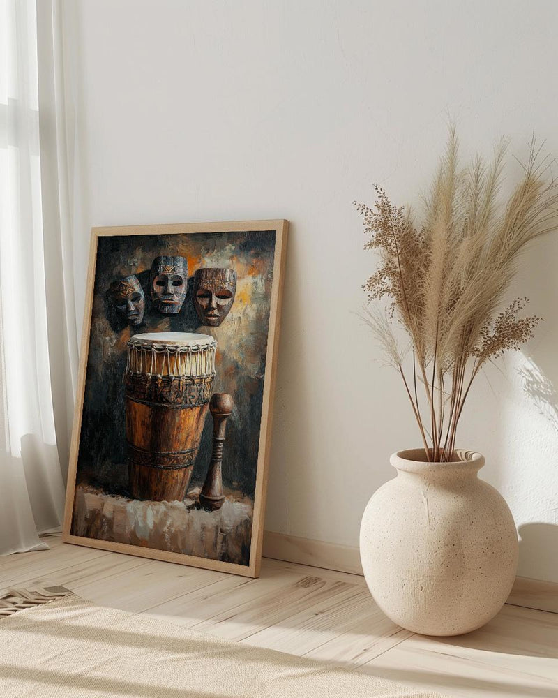 African Tribal Masks Oil Painting Poster, Djembe Drum Art Print, Wooden Music Wall Art, Cultural Heritage Decor, Impasto Texture Look