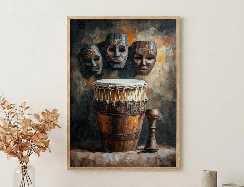 African Tribal Masks Oil Painting Poster, Djembe Drum Art Print, Wooden Music Wall Art, Cultural Heritage Decor, Impasto Texture Look