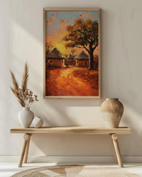 African Village Oil Painting Poster, Tribal Huts Art Print, Savanna Sunset Landscape, Rustic Home Decor, Impasto Texture Look