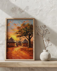 African Village Oil Painting Poster, Tribal Huts Art Print, Savanna Sunset Landscape, Rustic Home Decor, Impasto Texture Look