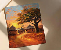 African Village Oil Painting Poster, Tribal Huts Art Print, Savanna Sunset Landscape, Rustic Home Decor, Impasto Texture Look