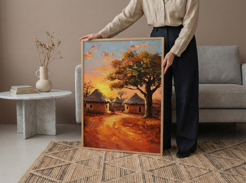 African Village Oil Painting Poster, Tribal Huts Art Print, Savanna Sunset Landscape, Rustic Home Decor, Impasto Texture Look