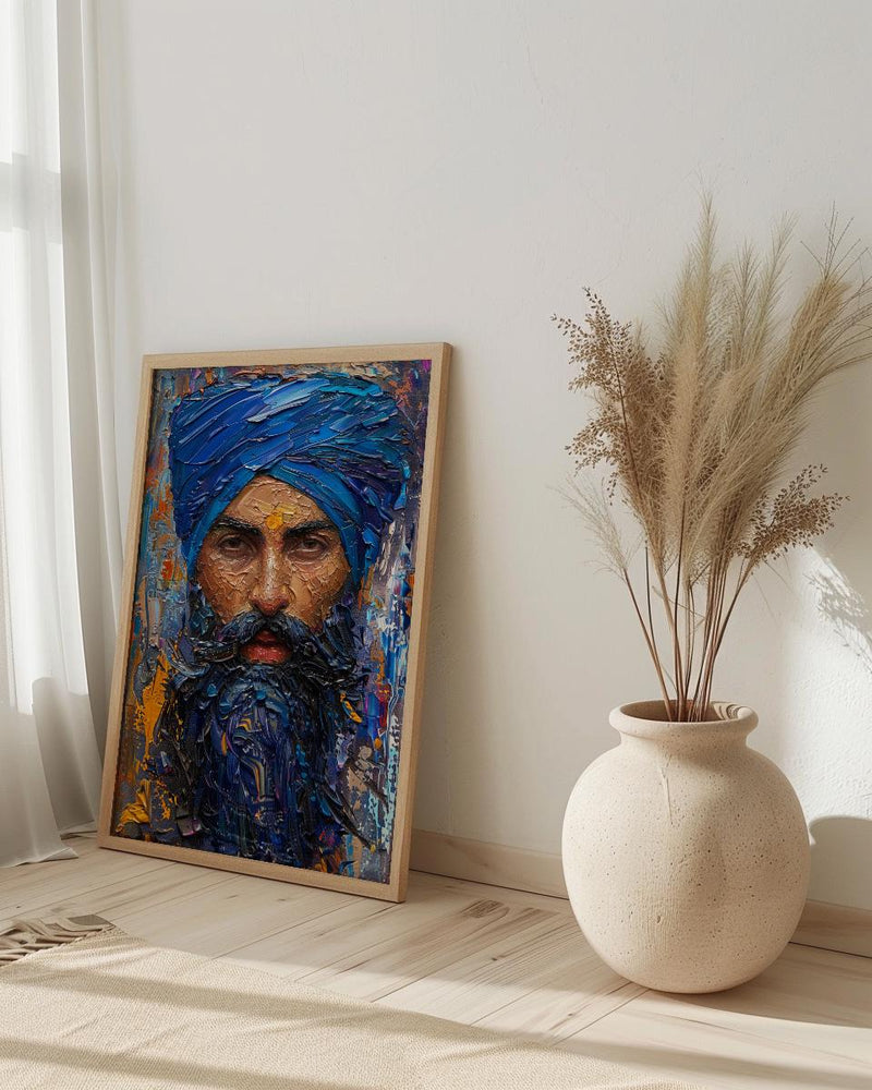 Indian Sikh Man Portrait Oil Painting Poster, Blue Turban Art Print, Bearded Sardar Face, Cultural Wall Art, Impasto Style Decor