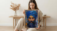 Indian Sikh Man Portrait Oil Painting Poster, Blue Turban Art Print, Bearded Sardar Face, Cultural Wall Art, Impasto Style Decor