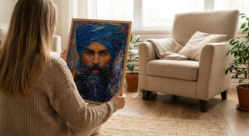 Indian Sikh Man Portrait Oil Painting Poster, Blue Turban Art Print, Bearded Sardar Face, Cultural Wall Art, Impasto Style Decor
