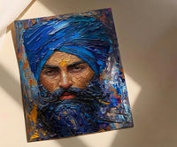 Indian Sikh Man Portrait Oil Painting Poster, Blue Turban Art Print, Bearded Sardar Face, Cultural Wall Art, Impasto Style Decor