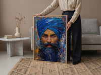 Indian Sikh Man Portrait Oil Painting Poster, Blue Turban Art Print, Bearded Sardar Face, Cultural Wall Art, Impasto Style Decor