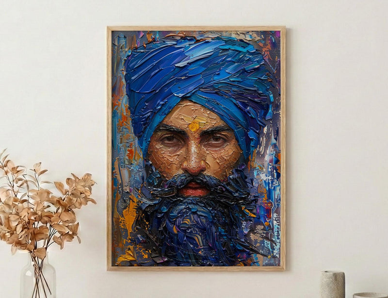 Indian Sikh Man Portrait Oil Painting Poster, Blue Turban Art Print, Bearded Sardar Face, Cultural Wall Art, Impasto Style Decor
