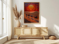 Rajasthan Desert Oil Painting Poster, Camel Caravan Art Print, Thar Sunset Wall Art, India Travel Decor, Red Sun Impasto Style