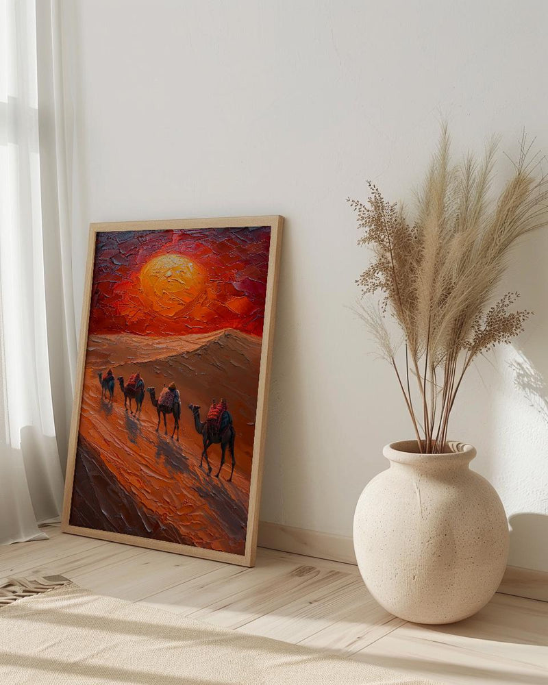 Rajasthan Desert Oil Painting Poster, Camel Caravan Art Print, Thar Sunset Wall Art, India Travel Decor, Red Sun Impasto Style
