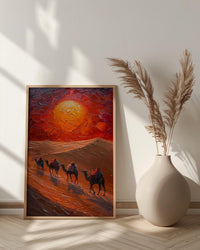 Rajasthan Desert Oil Painting Poster, Camel Caravan Art Print, Thar Sunset Wall Art, India Travel Decor, Red Sun Impasto Style
