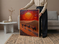 Rajasthan Desert Oil Painting Poster, Camel Caravan Art Print, Thar Sunset Wall Art, India Travel Decor, Red Sun Impasto Style