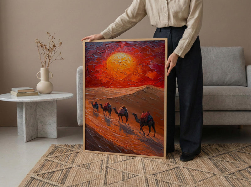 Rajasthan Desert Oil Painting Poster, Camel Caravan Art Print, Thar Sunset Wall Art, India Travel Decor, Red Sun Impasto Style