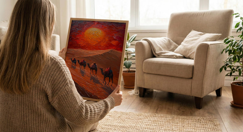 Rajasthan Desert Oil Painting Poster, Camel Caravan Art Print, Thar Sunset Wall Art, India Travel Decor, Red Sun Impasto Style