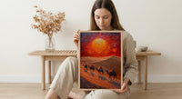Rajasthan Desert Oil Painting Poster, Camel Caravan Art Print, Thar Sunset Wall Art, India Travel Decor, Red Sun Impasto Style