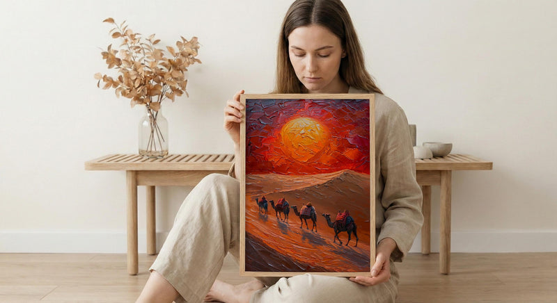 Rajasthan Desert Oil Painting Poster, Camel Caravan Art Print, Thar Sunset Wall Art, India Travel Decor, Red Sun Impasto Style