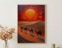 Rajasthan Desert Oil Painting Poster, Camel Caravan Art Print, Thar Sunset Wall Art, India Travel Decor, Red Sun Impasto Style