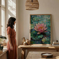 Indian Lotus Flower Oil Painting Poster, Pink Water Lily Art Print, Spiritual Zen Wall Art, Pond Landscape, Impasto Style Floral Decor