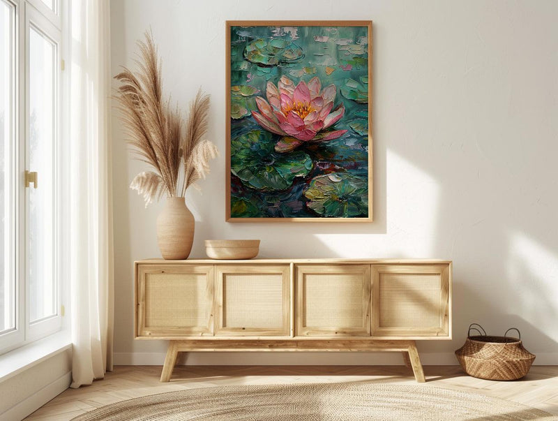 Indian Lotus Flower Oil Painting Poster, Pink Water Lily Art Print, Spiritual Zen Wall Art, Pond Landscape, Impasto Style Floral Decor