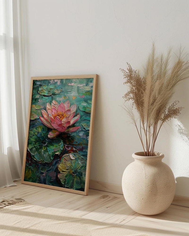 Indian Lotus Flower Oil Painting Poster, Pink Water Lily Art Print, Spiritual Zen Wall Art, Pond Landscape, Impasto Style Floral Decor
