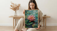 Indian Lotus Flower Oil Painting Poster, Pink Water Lily Art Print, Spiritual Zen Wall Art, Pond Landscape, Impasto Style Floral Decor