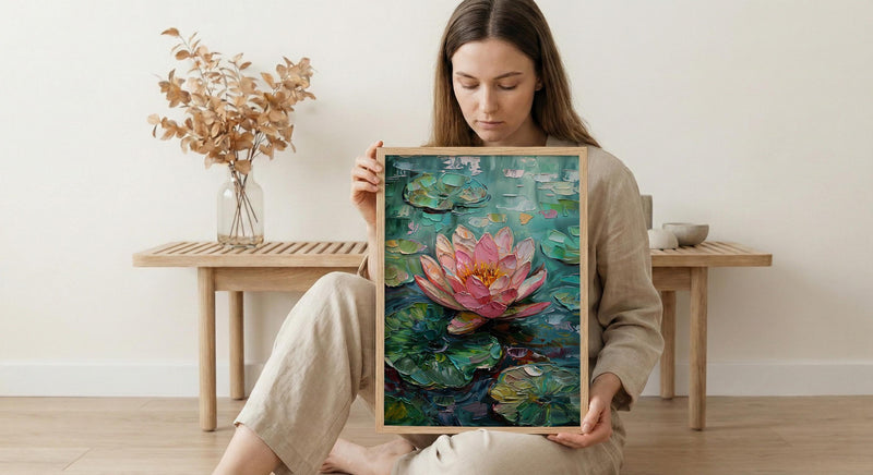 Indian Lotus Flower Oil Painting Poster, Pink Water Lily Art Print, Spiritual Zen Wall Art, Pond Landscape, Impasto Style Floral Decor