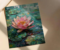 Indian Lotus Flower Oil Painting Poster, Pink Water Lily Art Print, Spiritual Zen Wall Art, Pond Landscape, Impasto Style Floral Decor