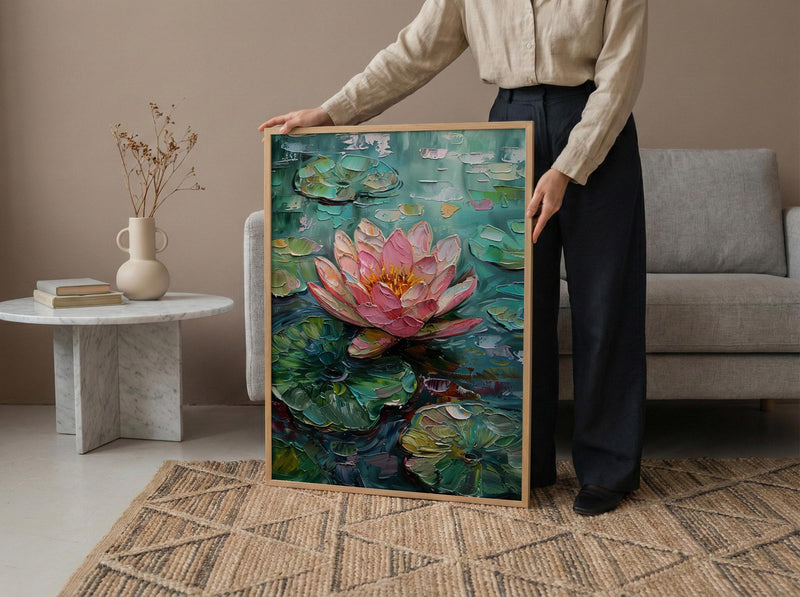 Indian Lotus Flower Oil Painting Poster, Pink Water Lily Art Print, Spiritual Zen Wall Art, Pond Landscape, Impasto Style Floral Decor
