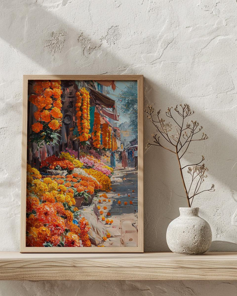 Indian Flower Market Oil Painting Poster, Marigold Street Art Print, Vibrant India Wall Art, Colorful Bazaar Decor, Impasto Floral Print